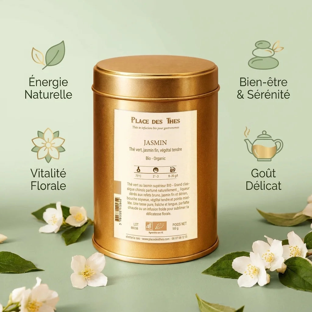 Thé vert jasmin bio 100g Place des Thés avec infographies bénéfices bien-être et sérénité
