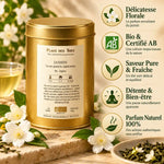 Thé vert Jasmin Bio 100g Place des Thés - Boîte dorée avec fleurs de jasmin et bénéfices