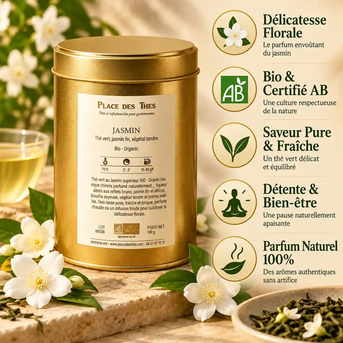 Thé vert Jasmin Bio 100g Place des Thés - Boîte dorée avec fleurs de jasmin et bénéfices