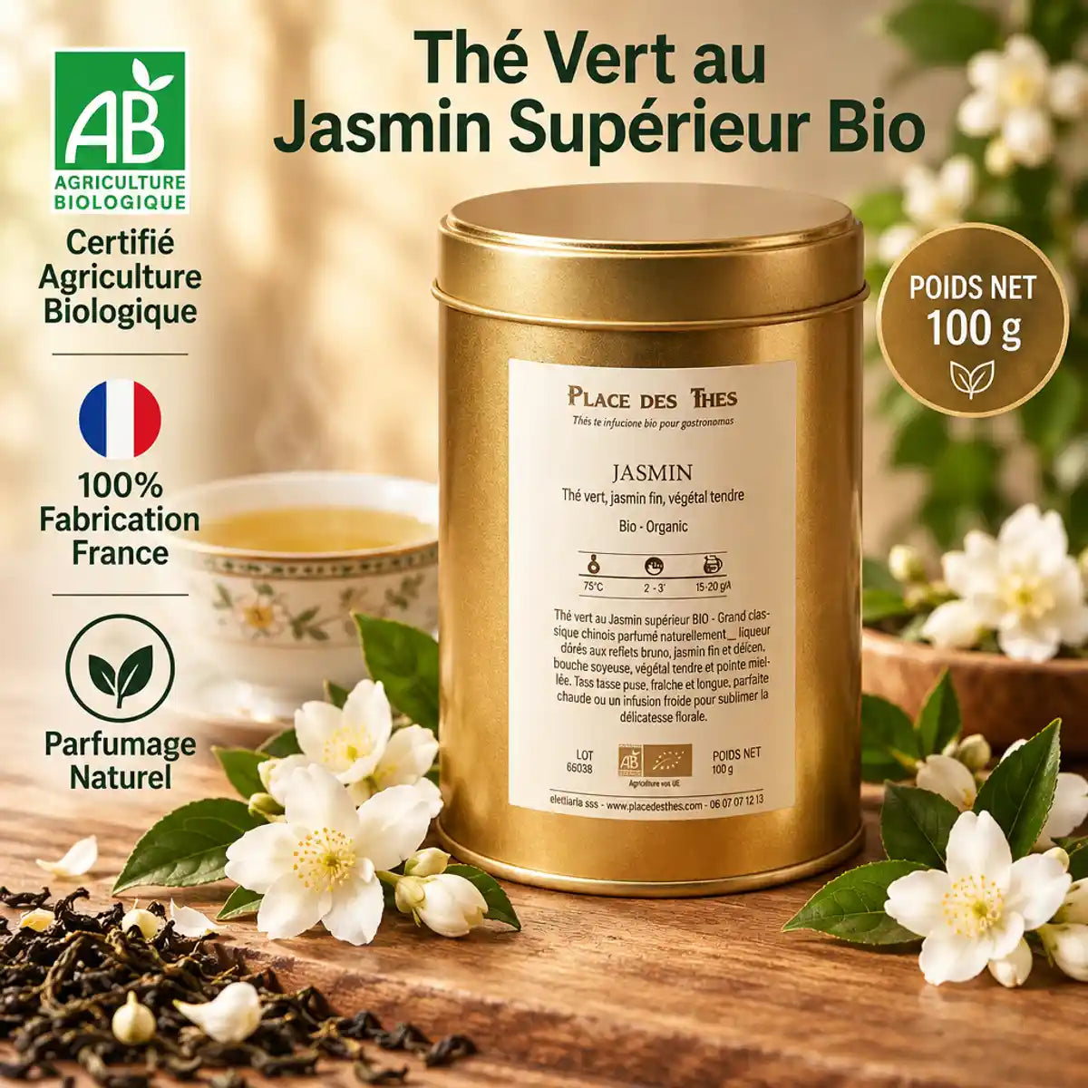 Thé vert Jasmin Supérieur Bio 100g Place des Thés en boîte dorée avec fleurs de jasmin frais