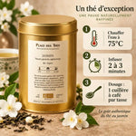 Thé vert Jasmin Bio 100g - Boîte dorée avec guide de préparation et fleurs de jasmin