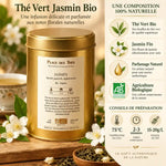 Thé vert Jasmin Bio Place des Thés 100g en boîte dorée avec fleurs de jasmin frais