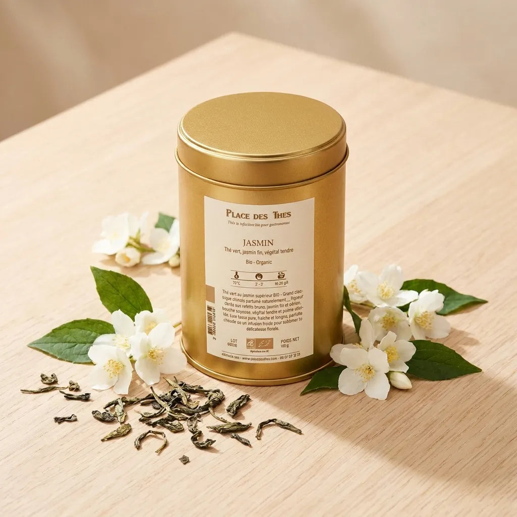 Thé vert jasmin bio Place des Thés 100g, boîte dorée avec fleurs de jasmin et feuilles de thé