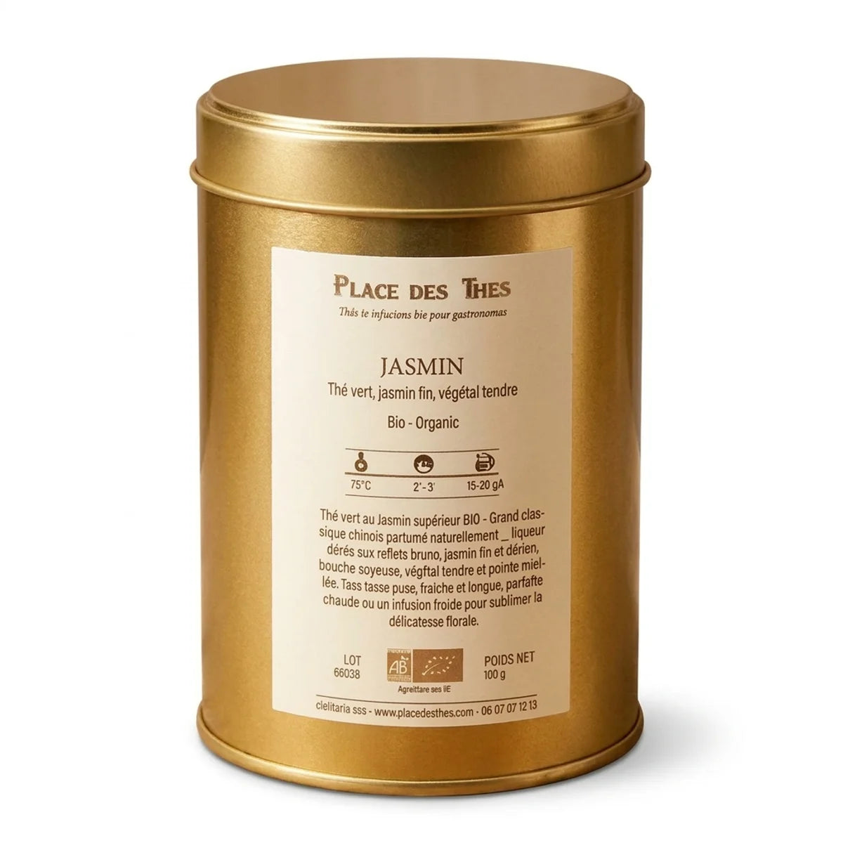 Boîte de thé vert Jasmin bio Place des Thés 100g sur fond blanc