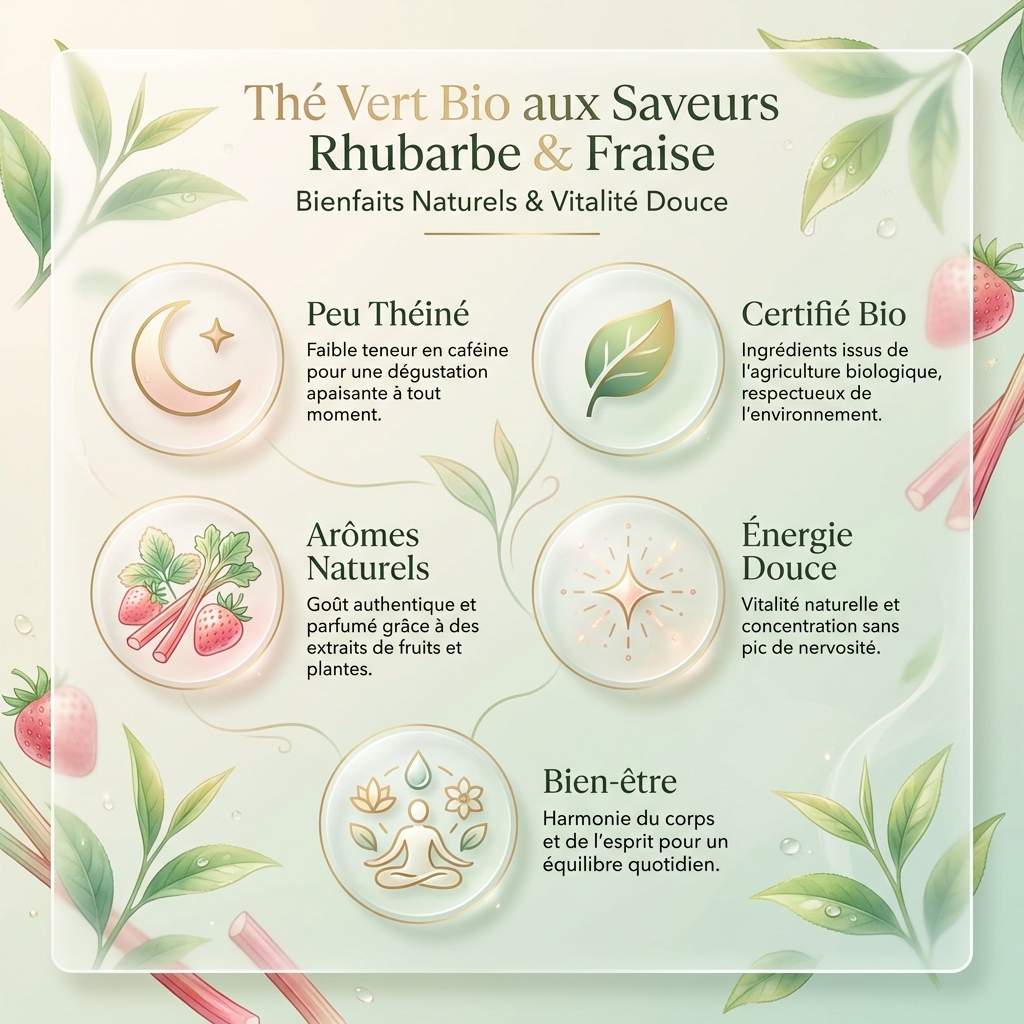 Thé vert bio Caprice gourmand: infographie des 5 bénéfices rhubarbe fraise Jardins de Gaïa