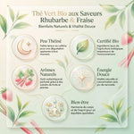 Thé vert bio Caprice gourmand: infographie des 5 bénéfices rhubarbe fraise Jardins de Gaïa