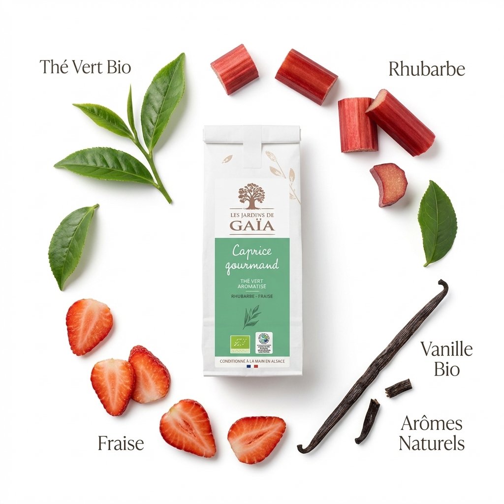 Thé vert bio Caprice gourmand Jardins de Gaïa avec rhubarbe, fraise et vanille bio
