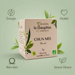 Thé vert bio Chun Mee Tisanes Le Dauphin 20 infusettes avec icônes bénéfices santé