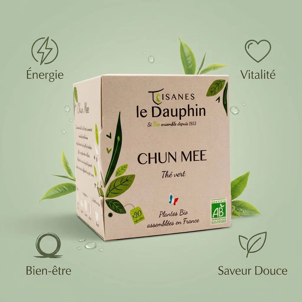 Thé vert bio Chun Mee Tisanes Le Dauphin 20 infusettes avec icônes bénéfices santé