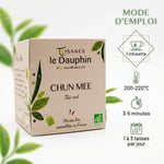 Boîte de thé vert bio Chun Mee Tisanes Le Dauphin 20 infusettes avec guide d'infusion