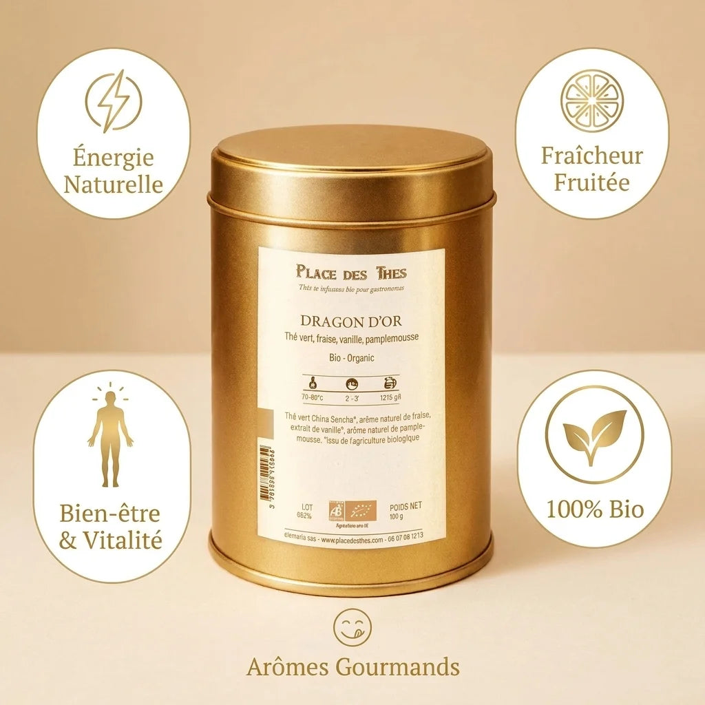 Thé vert Dragon d'Or Bio 100g avec bénéfices santé, énergie naturelle et fraîcheur fruitée