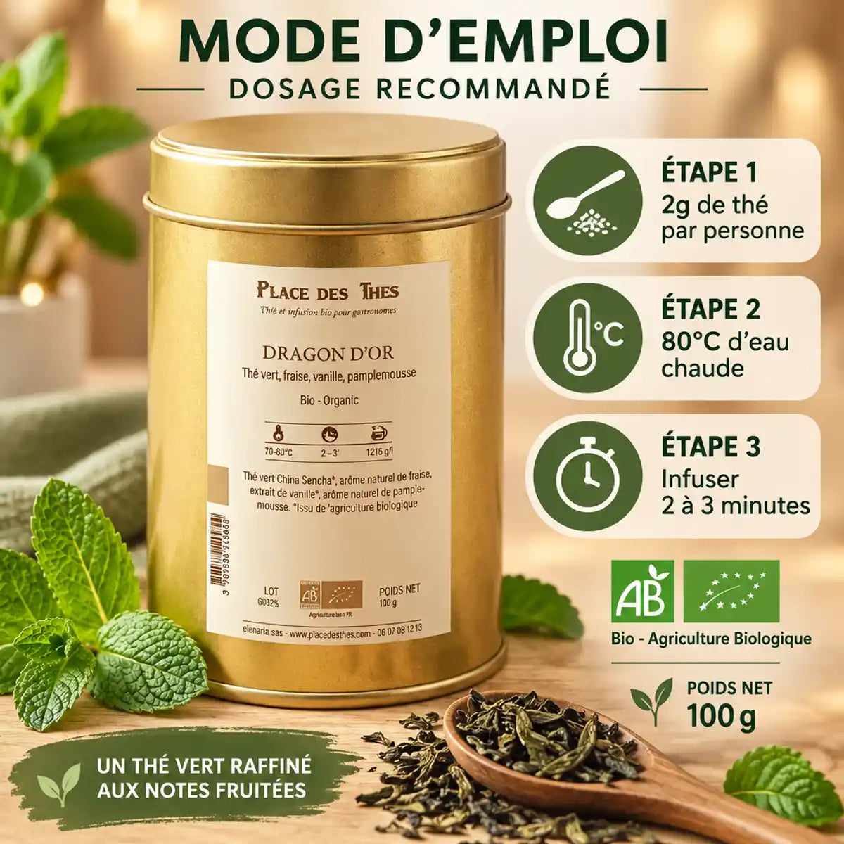 Thé vert Dragon d'Or Bio 100g - Mode d'emploi dosage infusion avec feuilles menthe fraîche