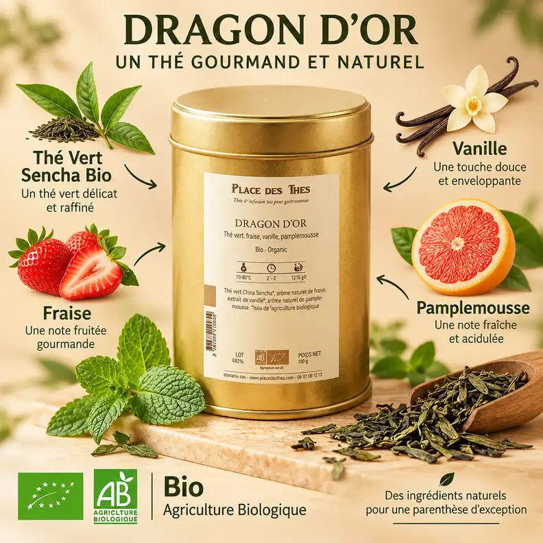 Thé vert Dragon d'or Bio 100g Place des Thés avec ingrédients sencha, fraise, vanille et pamplemousse