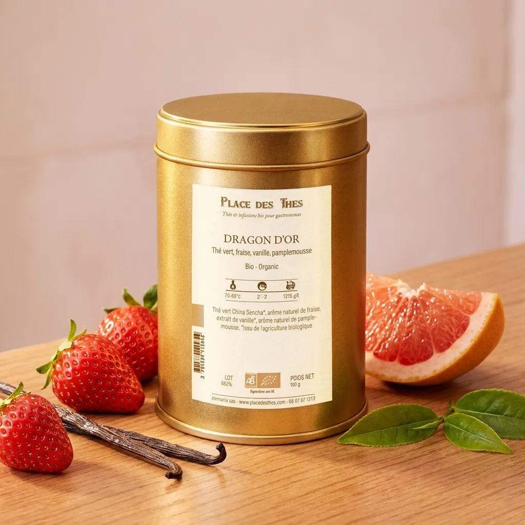 Thé vert Dragon d'or Bio 100g Place des Thés boîte dorée fruits frais