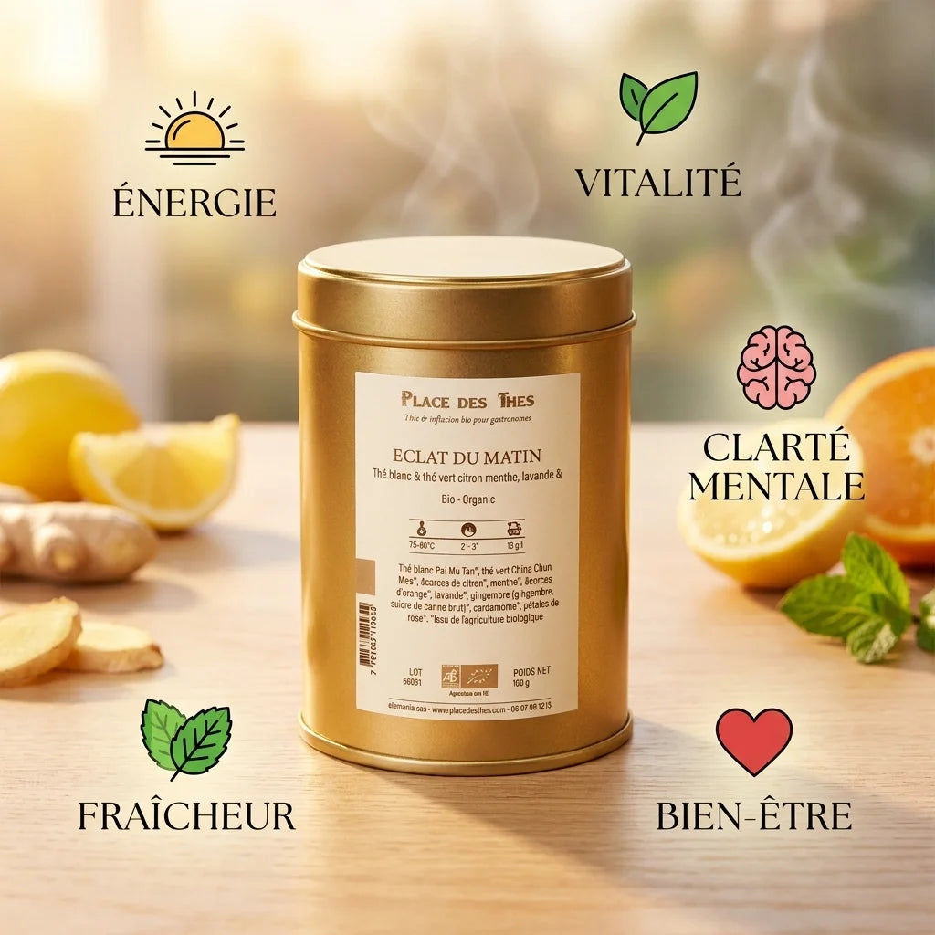 Thé vert Éclat du Matin Bio 100g avec icônes bénéfices santé et bien-être