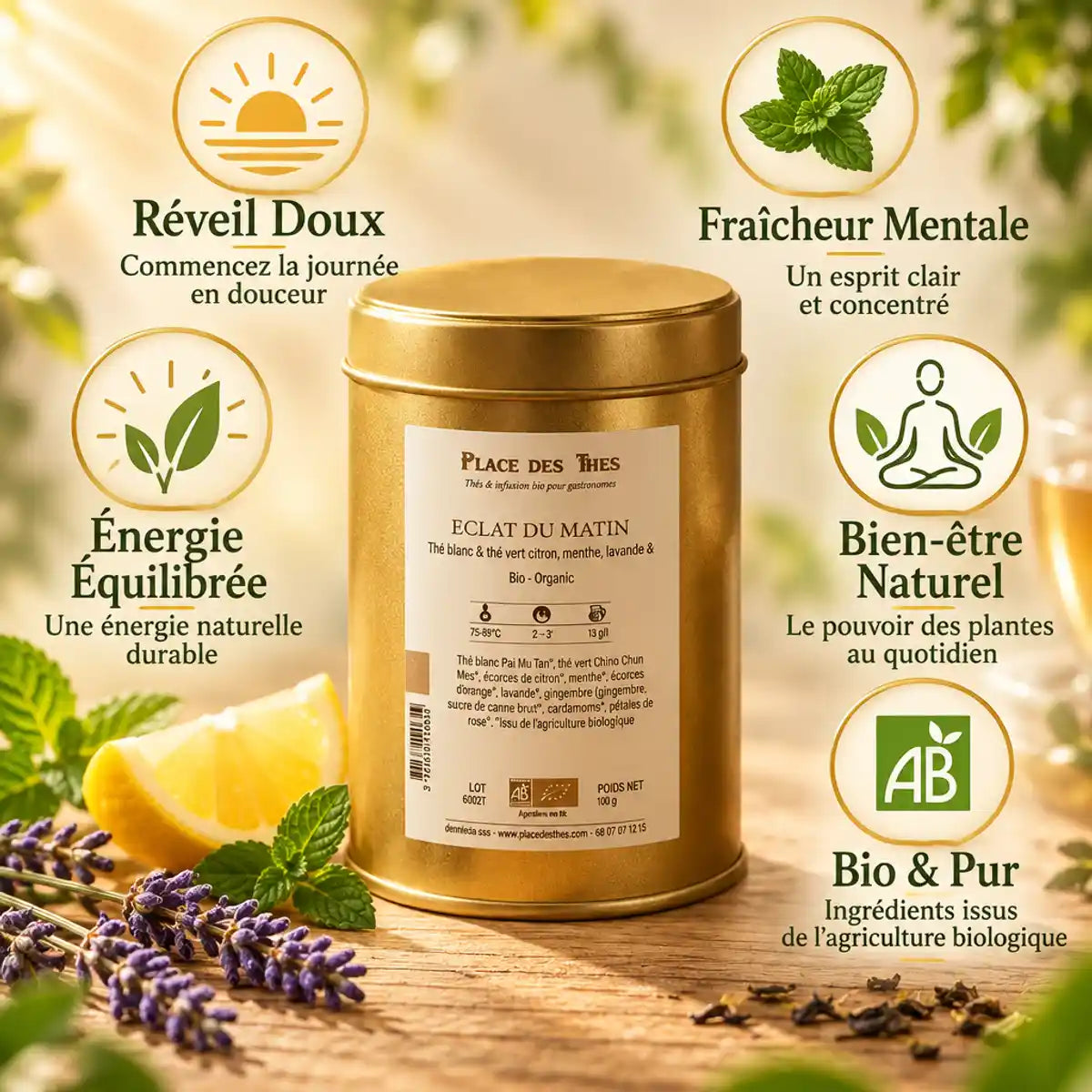 Thé vert Éclat du Matin Bio 100g Place des Thés avec bénéfices wellness et certification organique