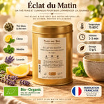 Thé vert Éclat du Matin Bio 100g boîte dorée Place des Thés avec citron et lavande