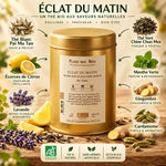 Thé vert Éclat du Matin Bio 100g - Boîte dorée avec ingrédients naturels et certification bio