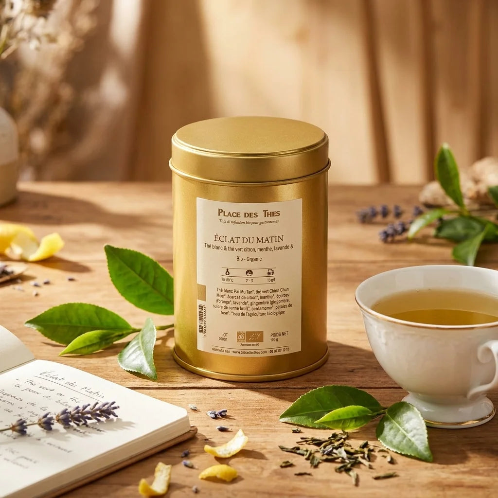 Thé vert bio Éclat du Matin en boîte dorée avec feuilles fraîches et tasse de thé