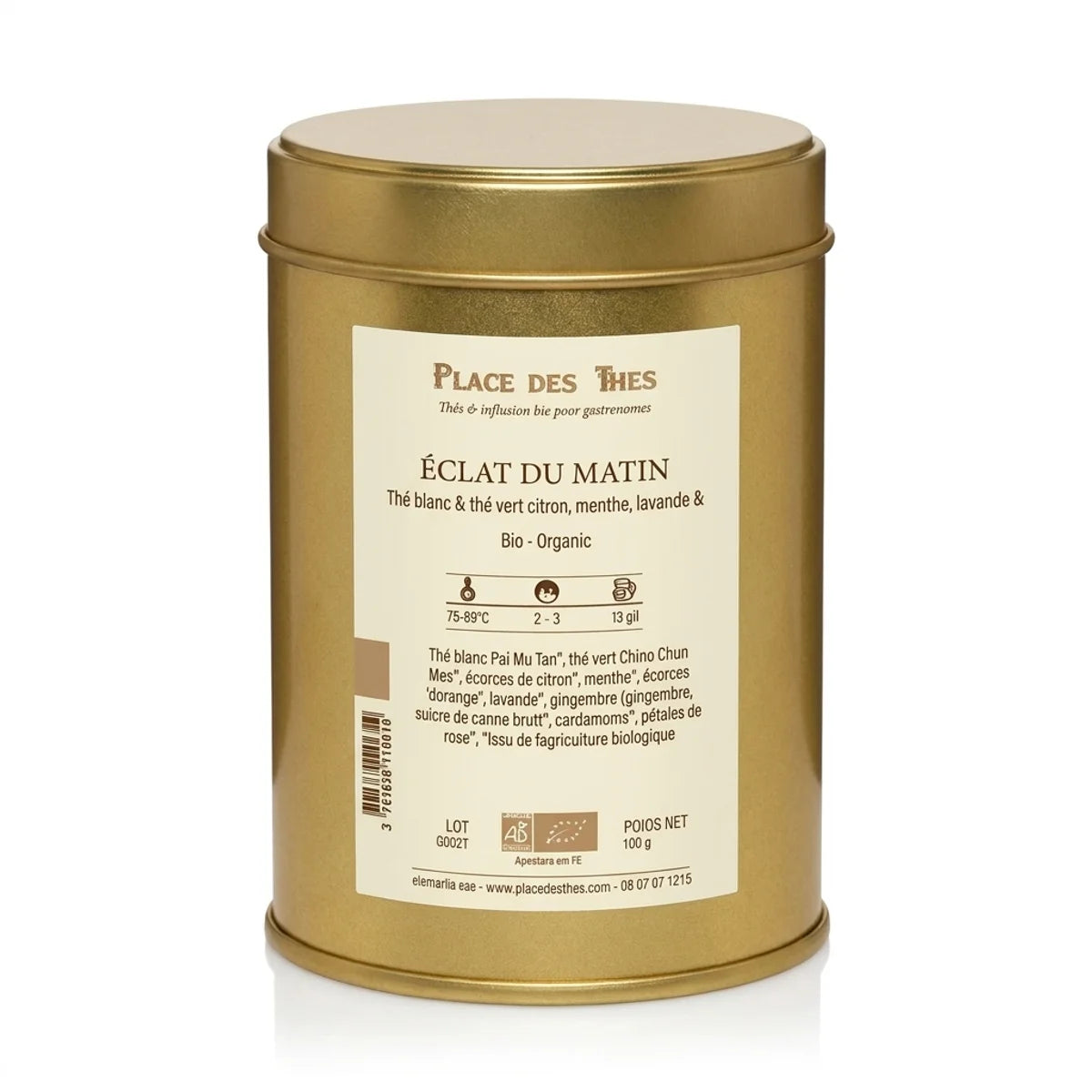 Boîte de thé vert bio Éclat du Matin 100g Place des Thés sur fond blanc