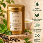 Thé vert Gunpowder Bio 100g Place des Thés en boîte dorée avec tasse et feuilles de menthe
