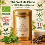 Thé vert Gunpowder Bio 100g Place des Thés en boîte dorée avec feuilles et tasse