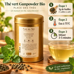 Thé vert Gunpowder Bio Place des Thés avec instructions préparation 3 étapes sur boîte dorée