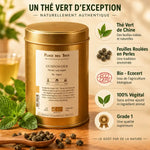 Thé vert Gunpowder Bio 100g Place des Thés en boîte dorée avec feuilles de menthe et infographie