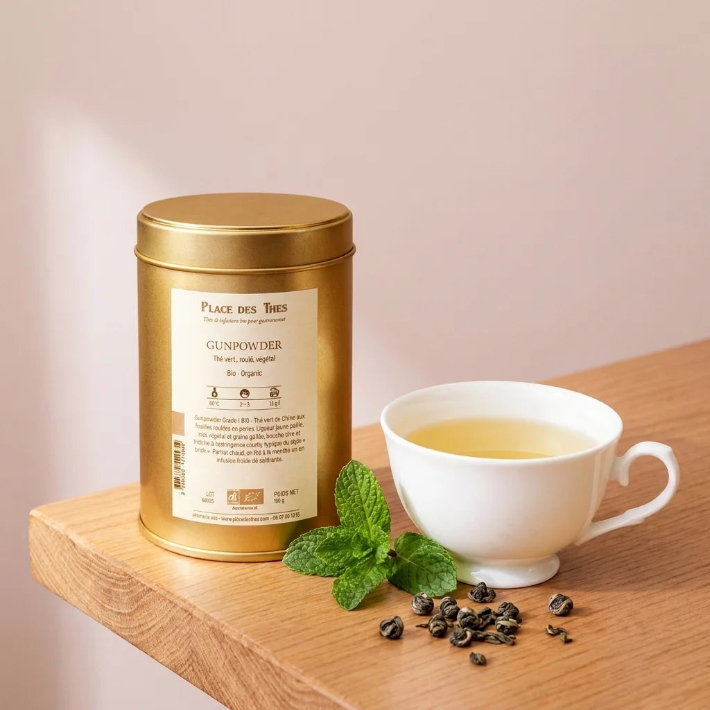 Thé vert Gunpowder Bio Place des Thés en boîte dorée avec tasse de thé et menthe fraîche