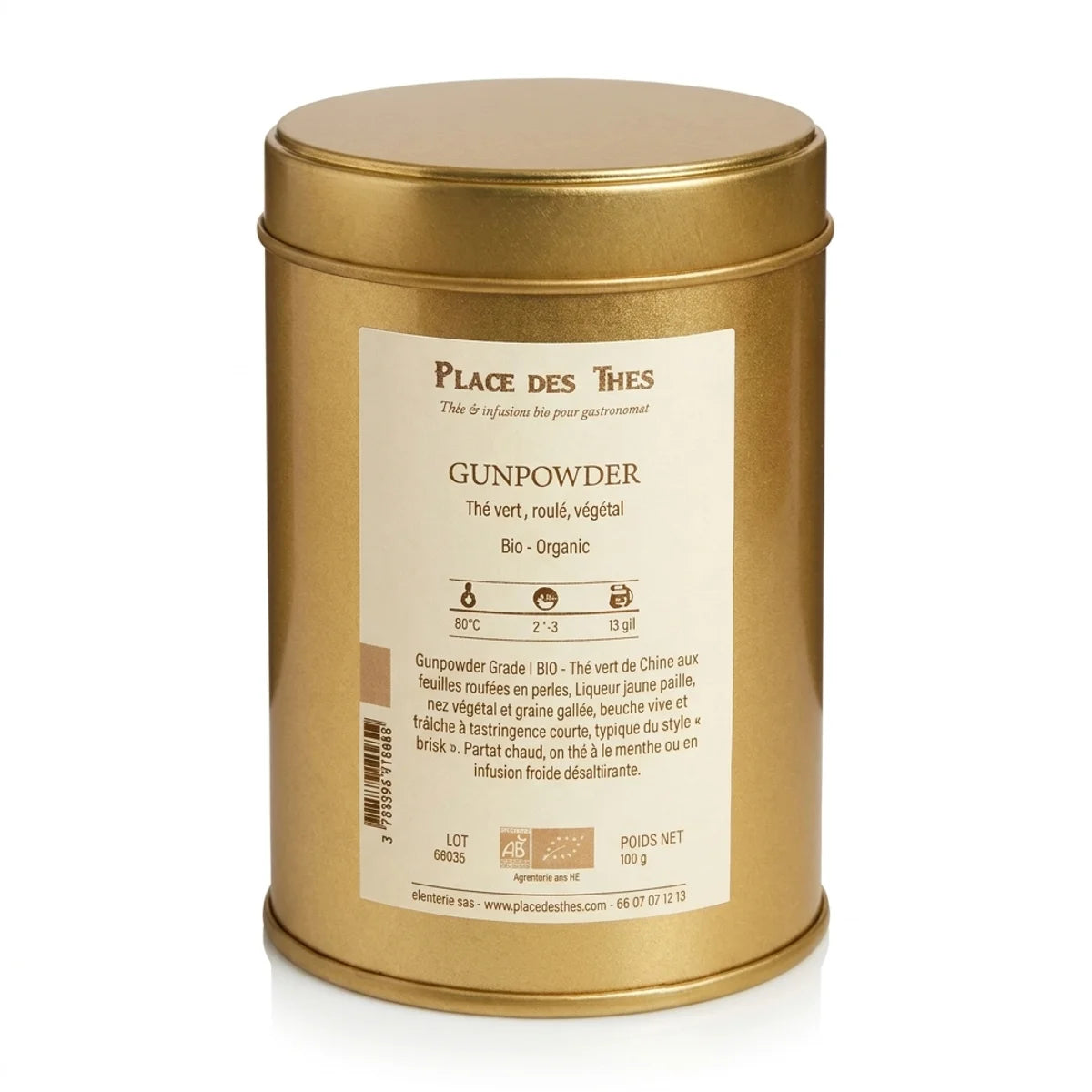 Boîte de thé vert Gunpowder Bio 100g Place des Thés sur fond blanc