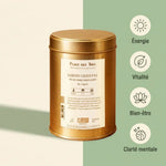 Thé vert Jardin Oriental Bio 100g avec infographie des bénéfices : énergie, vitalité, bien-être, clarté mentale