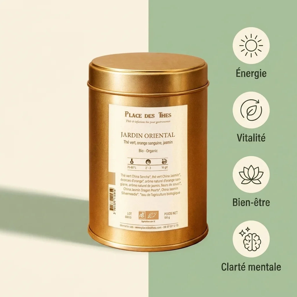 Thé vert Jardin Oriental Bio 100g avec infographie des bénéfices : énergie, vitalité, bien-être, clarté mentale