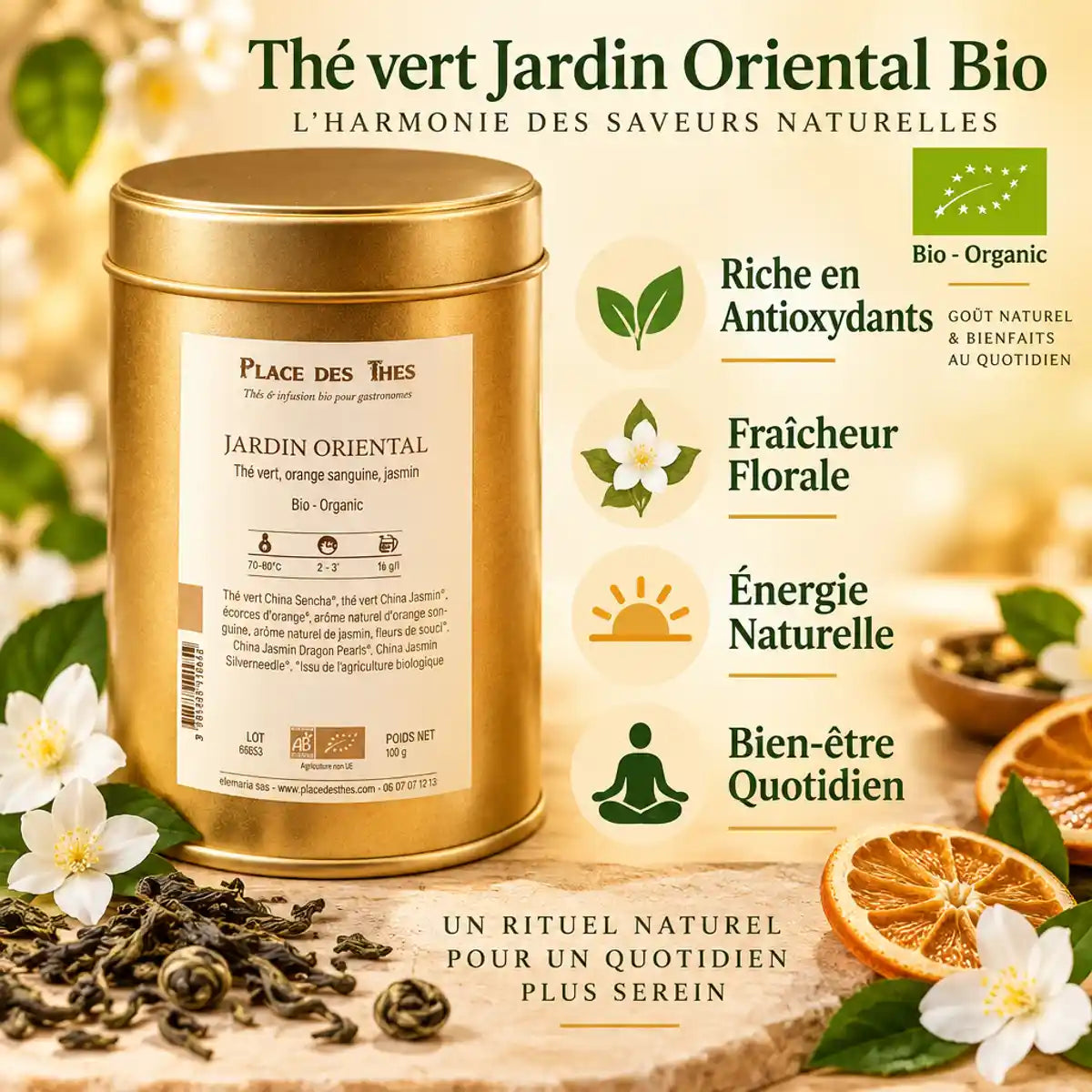 Thé vert Jardin Oriental Bio 100g - Boîte dorée avec bénéfices antioxydants et bien-être