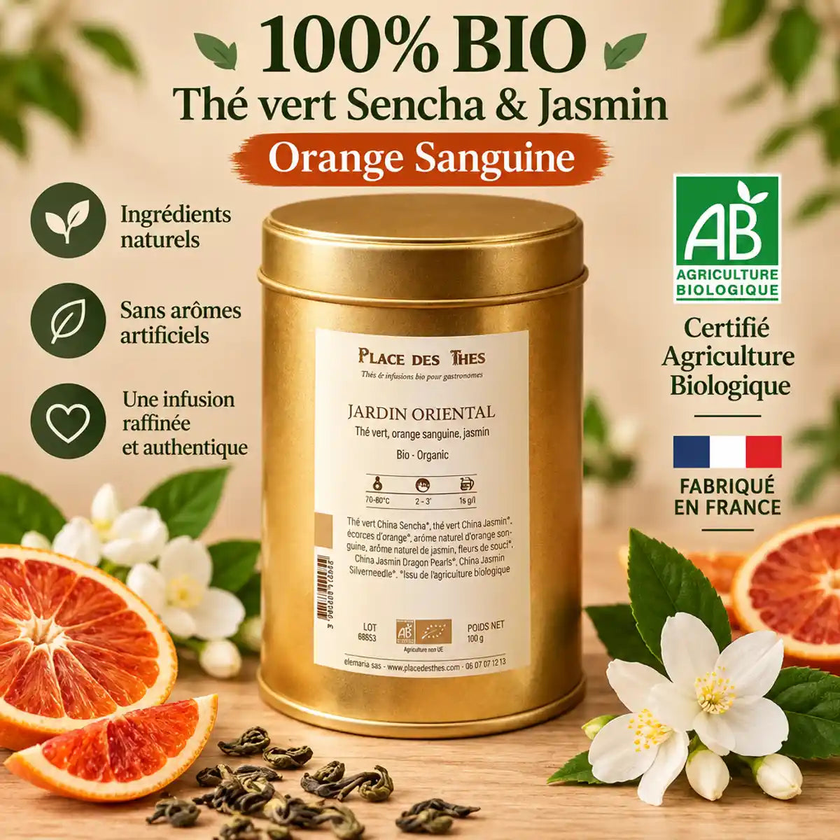 Boîte Thé vert Jardin Oriental Bio 100g Place des Thés certifié AB avec jasmin et orange