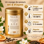 Thé vert Jardin Oriental Bio 100g avec guide infographie de préparation, feuilles séchées et fleurs de jasmin