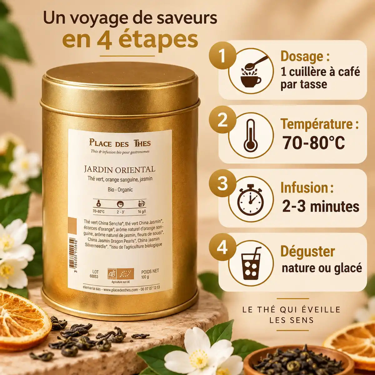 Thé vert Jardin Oriental Bio 100g avec guide infographie de préparation, feuilles séchées et fleurs de jasmin