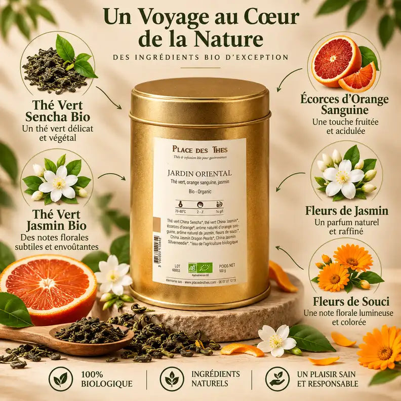 Thé vert Jardin Oriental Bio 100g Place des Thés avec ingrédients jasmin, séncha, orange sanguine