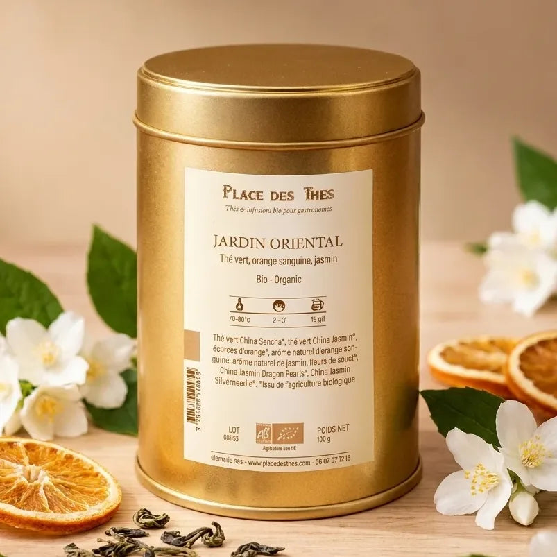 Thé vert Jardin Oriental Bio 100g Place des Thés avec fleurs de jasmin et feuilles de thé en vrac