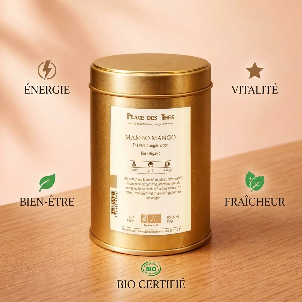 Thé vert Mambo Mango Bio 100g avec icônes bien-être, énergie et vitalité sur fond tropical
