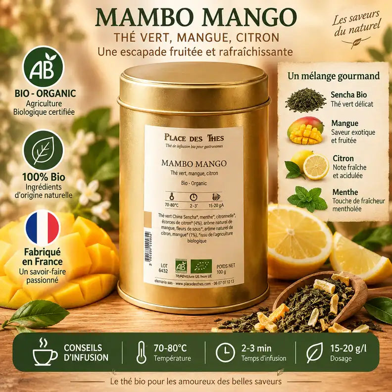 Thé vert Mambo Mango Bio 100g Place des Thés avec mangue et citron sur bois