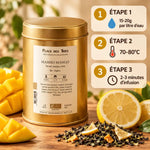 Thé vert Mambo Mango bio 100g avec infographie préparation : 15-20g, 70-80°C, 2-3 minutes