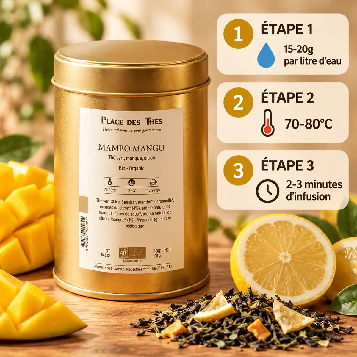 Thé vert Mambo Mango bio 100g avec infographie préparation : 15-20g, 70-80°C, 2-3 minutes