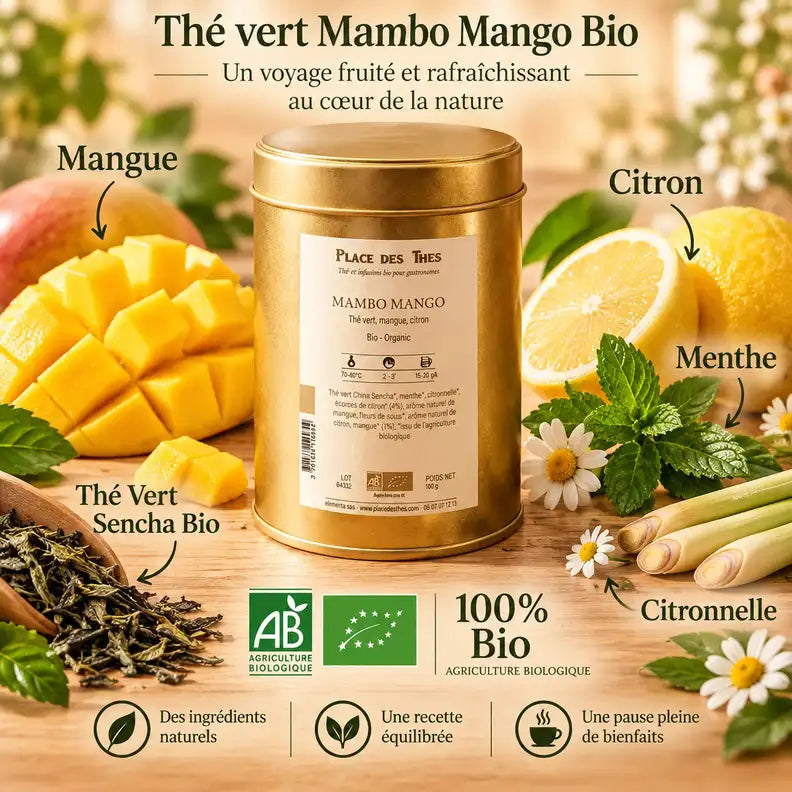 Thé vert Mambo Mango Bio 100g avec mangue, citron et menthe sur fond bois