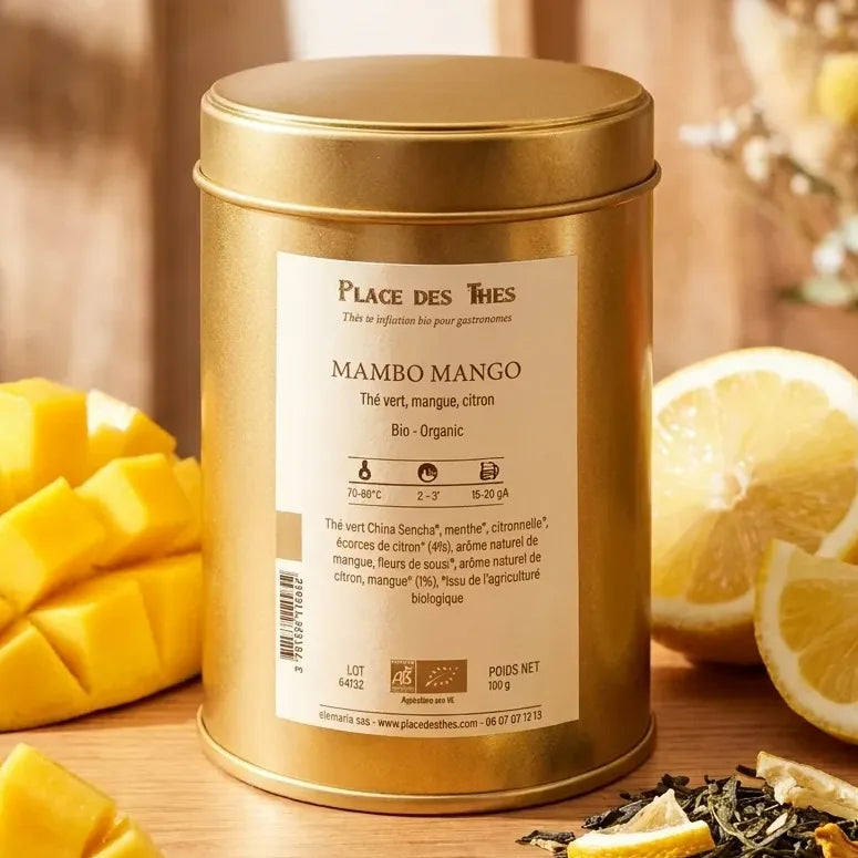 Thé vert Mambo Mango Bio Place des Thés 100g avec mangues fraiches et feuilles de thé