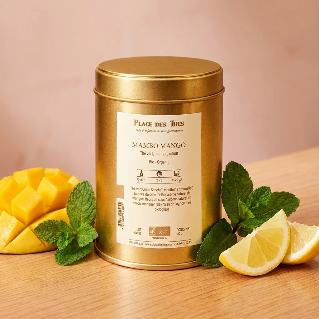 Thé vert Mambo Mango bio 100g Place des Thés en boîte dorée avec fruits tropicaux