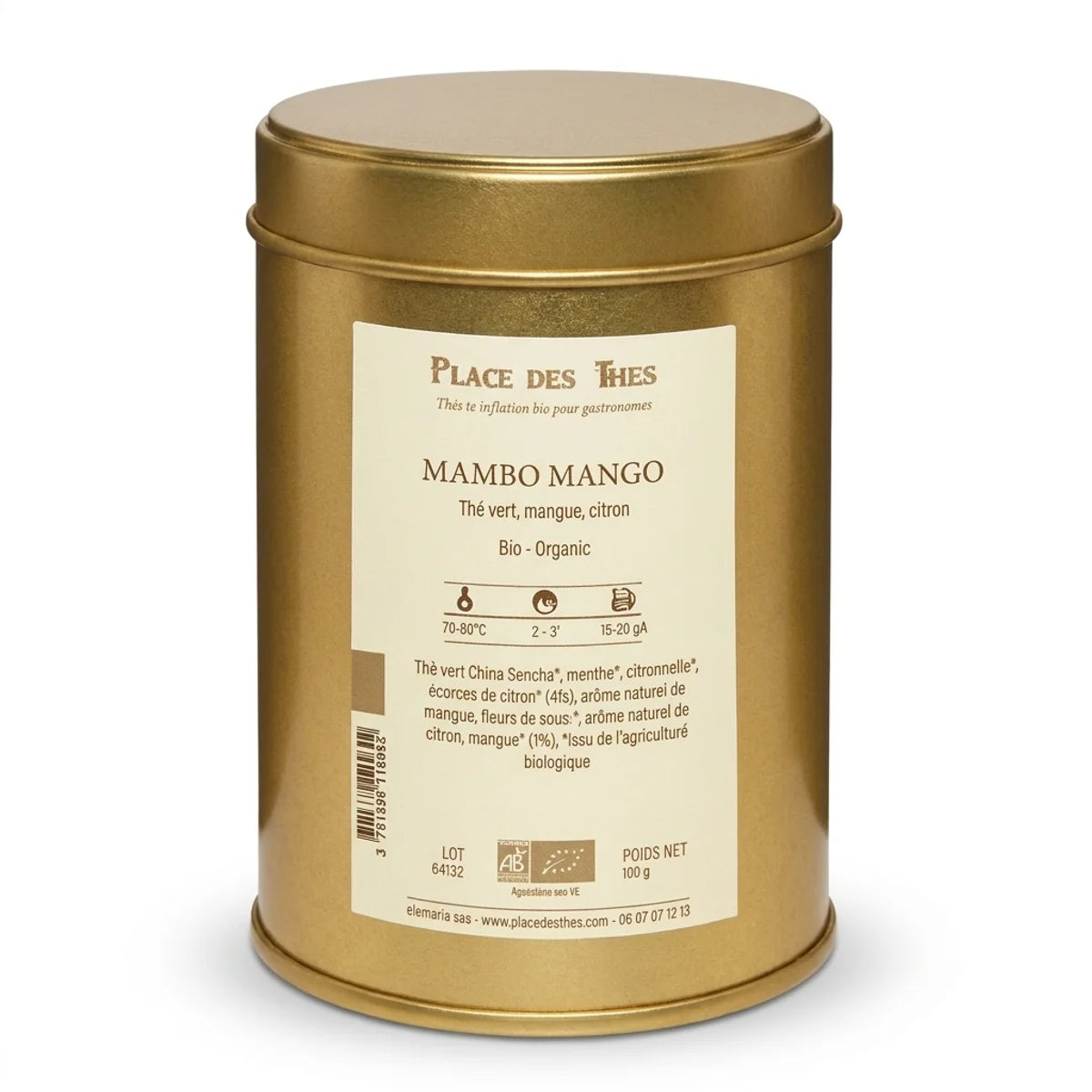 Boîte de thé vert Mambo Mango bio 100g Place des Thés sur fond blanc