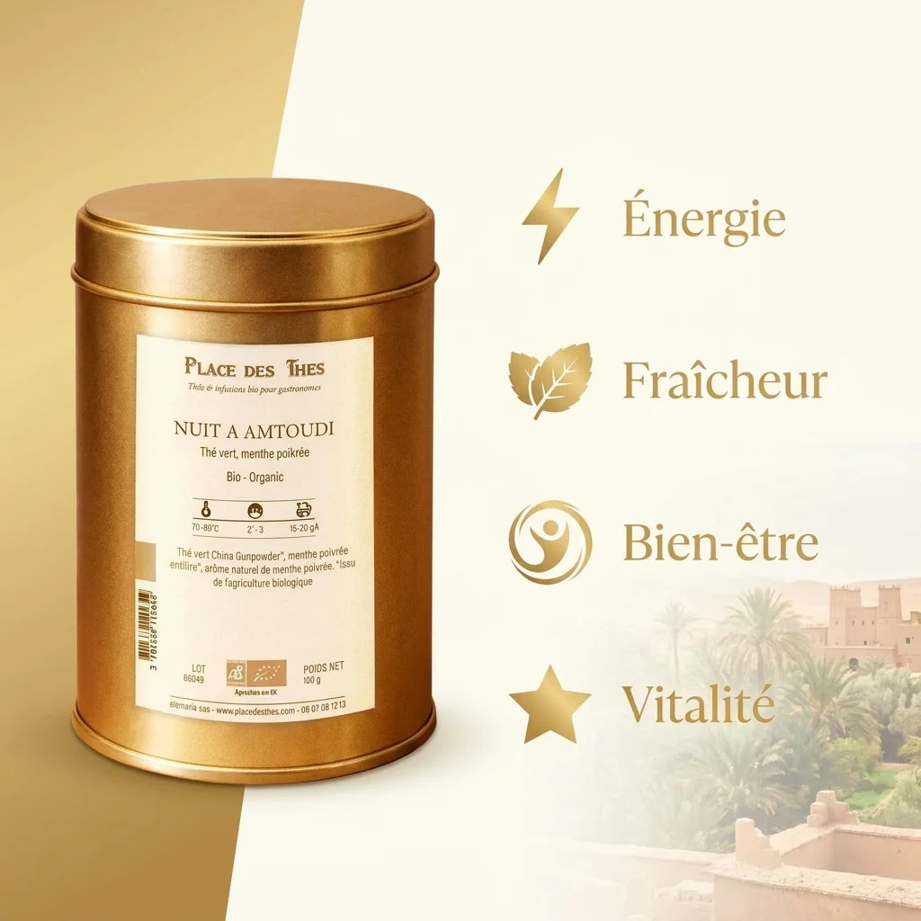 Thé vert Nuit à Amtoudi Bio 100g avec bénéfices : énergie, fraîcheur, bien-être, vitalité