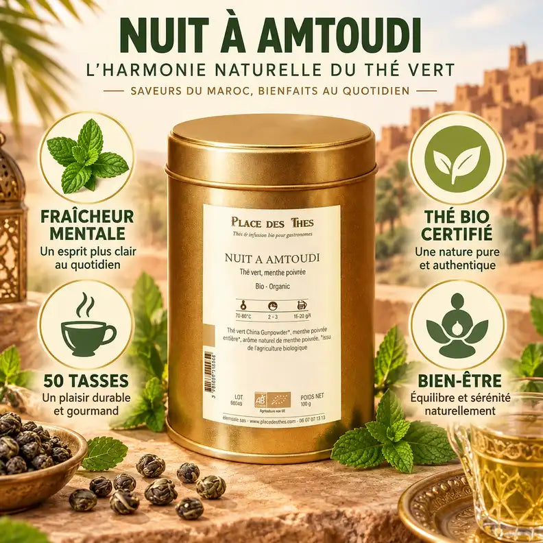 Thé vert Nuit à Amtoudi Bio 100g - boîte dorée avec bénéfices bien-être et certification organic