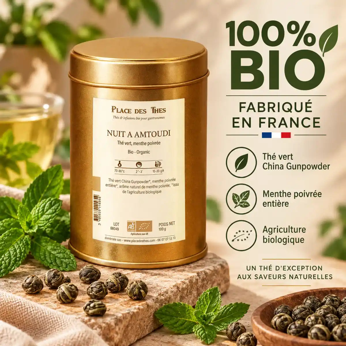 Thé vert Nuit à Amtoudi bio 100g - Boîte dorée avec menthe et feuilles de thé