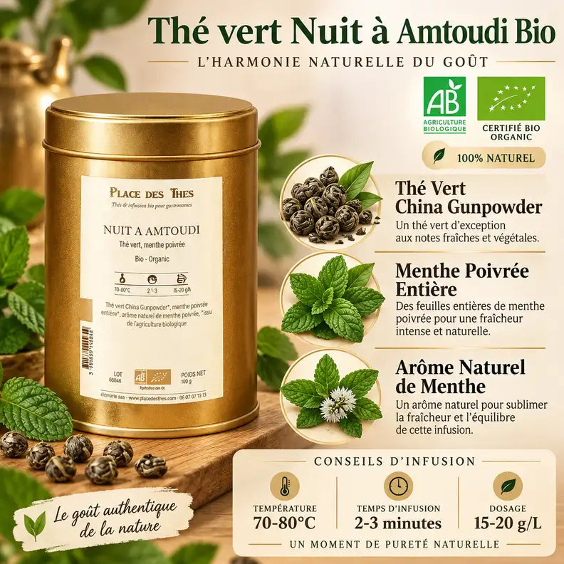 Thé vert Nuit à Amtoudi Bio 100g avec emballage doré, menthe et ingrédients botaniques